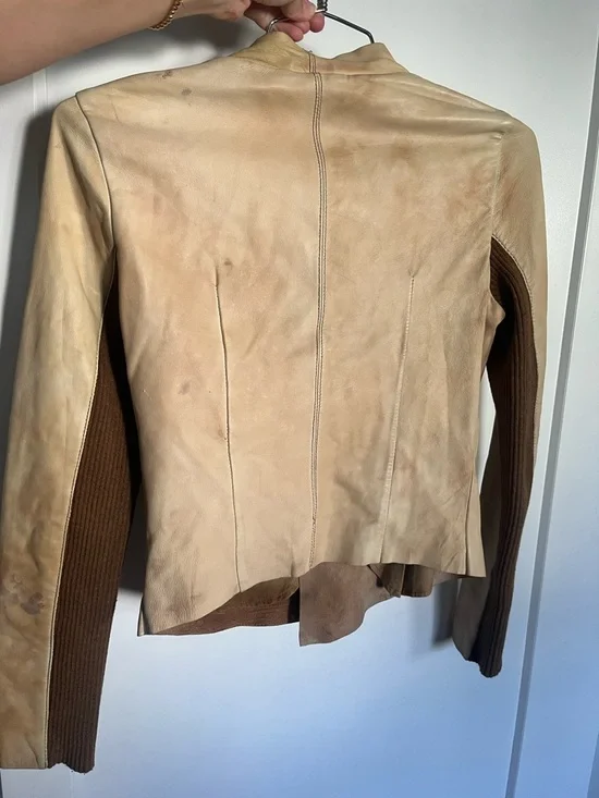 Zara Beige Soft Leather Moto Jacket w/Brown Ribbed Sleeves - Size M (runs small) - Picture 4 of 6